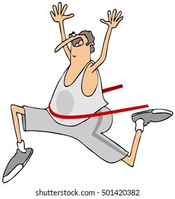 Illustration Of A Chubby Man Running Past The Finish Line And Breaking The Tape.