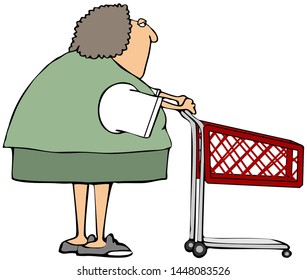 Illustration Of A Chubby Woman Pushing A Red Shopping Cart.