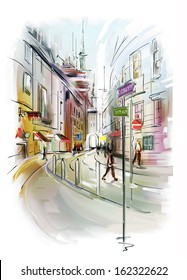 Illustration Of City Street. Watercolor Style. 