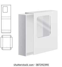 Illustration Of Clear Dieline Folding Carton Box With Window For Design, Website, Background, Banner. White Package Template Isolated On White. Retail Pack With Diecut For Your Brand On It