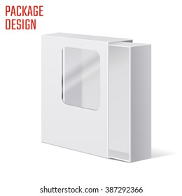 Illustration Of Clear Gift Carton Box For Design, Website, Background, Banner. White Package Template With Window Isolated On White. Retail Pack With For Your Brand On It