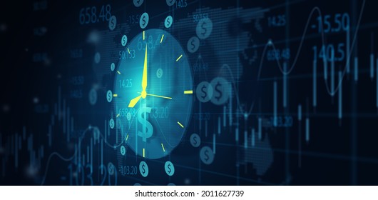 Illustration Of Clock With Dollar Icon On Business Financial Stock Exchange Screen Display. Time Is Money, Business Financial Idea, Investment And Trading On Time Concept.