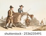 Illustration of cloth makers from The Costume of Yorkshire (1814) by George Walker (1781-1856).  Vintage horse illustration, art drawing, old illustration, horse art print.