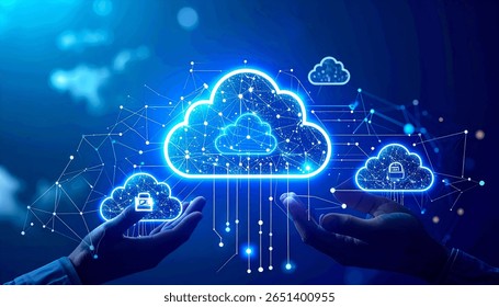 Illustration of cloud computing, cloud strategy, and cloud technology are transforming digital infrastructure with scalable services, secure data storage, and cloud-based digital business solutions.
