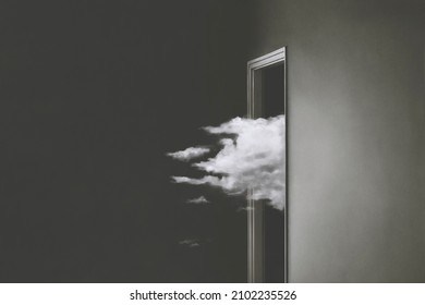 illustration of a cloud entering an open door, surreal minimal abstract concept black and white