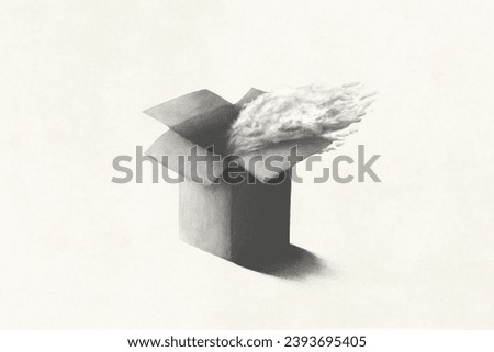 Illustration of cloud getting out of a box, surreal abstract minimal concept, black and white