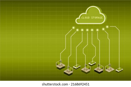 Illustration Of A Cloud Storage, Laptops And Mobile Devices Connected To Stylized Cloud Against The Cybernetic Retro Sci-fi Background With Green Grid