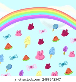 Illustration of clouds and rainbows with candy, gummy candy, ice cream and watermelon. Poster. Element. Sticker. Book's cover. - Powered by Shutterstock