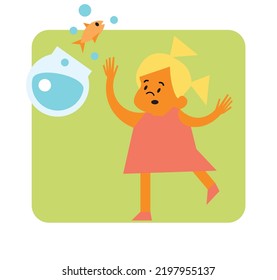 Illustration Of A Clumsy Little Blond Girl Catching A Falling Aquarium With A Gold Fish, Vintage Style Cartoon Sticker