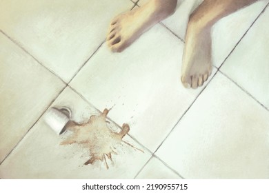 Illustration Of Coffee Spilled On The White Floor, Bad Morning Start Concept