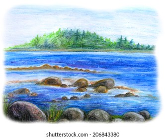 Illustration in color pencils big stones the seashore   far trees horizon  Peaceful sea view picture