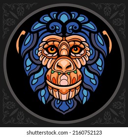 Illustration Of Colorful Ape Head Zentangle Arts. Isolated On Black Background.