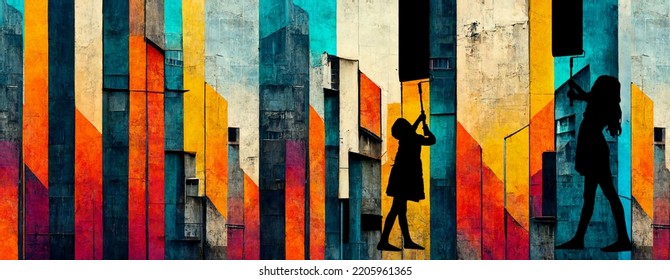 Illustration Of A Colorful Art, Computer Generated Representing A Colorful  Abstract Mural Art Of Two Girls Painting A Mural Graffiti. 