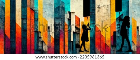 Illustration of a colorful art, computer generated representing a colorful  abstract mural art of two girls painting a mural graffiti.  ストックフォト © 