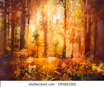 Illustration Colorful Autumn Forest. Abstract Image Of Fall Season, Yellow And Red Leaf On Tree, Field, Meadow, Outdoor Landscape. Nature Painting With Oil Paint. Modern Art For Wallpaper Background