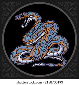 Illustration Of Colorful Black Mamba Snake Zentangle Arts. Isolated On Black Background.