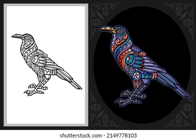 Illustration of Colorful crow bird zentangle art with black line sketch isolated on black and white background