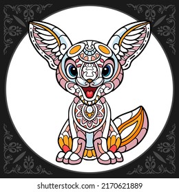 Illustration of Colorful cute fennec fox cartoon zentangle arts. isolated on black background.