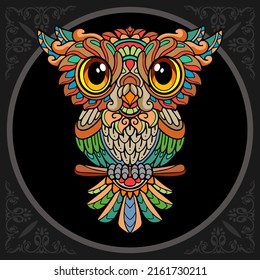 Illustration of Colorful cute owl cartoon zentangle arts. isolated on black background.