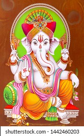 Illustration of colorful hindu lord Ganesha on decorative background- Graphical poster modern art 3D wallpaper 