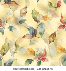 Illustration colorful leaves with shadow on a yellow background. Seamless pattren design textile.