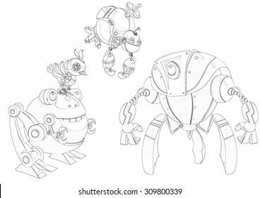Illustration: Coloring Book Series: Robot Competition  the Fight Begins  Removed the Texts  Soft thin line  Print it   bring it to Life and Color! Fantastic Outline / Sketch / Line Art Design 