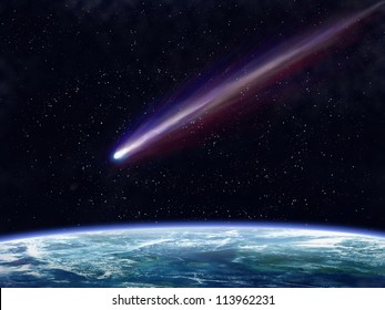 Illustration Of A Comet Flying Through Space Close To The Earth