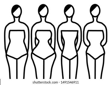 Illustration of common female body in different body shapes which are compared to the object of apple, pear, rectangle, and hourglass.