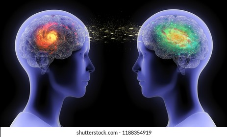 Illustration of the communication between two humans / two brains in form of telepathy, speech, conflict or understanding