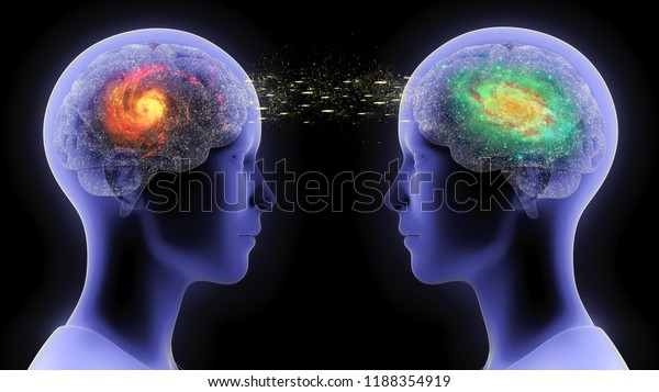Illustration\
of the communication between two humans / two brains in form of\
telepathy, speech, conflict or\
understanding
