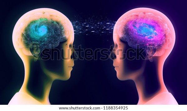 Illustration\
of the communication between two humans / two brains in form of\
telepathy, speech, conflict or\
understanding