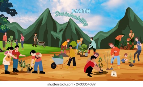 Illustration, community service in planting trees, community activities to save the earth with the concept of sustainability earth. Environmentally lifestyle. - Powered by Shutterstock