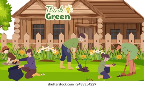 Illustration, community service in planting trees, community activities to save the earth with the concept of sustainability earth. Environmentally lifestyle. - Powered by Shutterstock