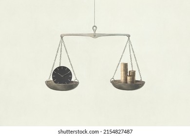 Illustration Of Comparison Between Time And Money, Surreal Business Concept