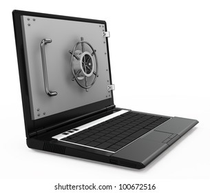 illustration of computer and information security. notebook safe deposit box with a closed door