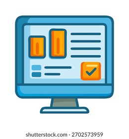 Illustration of a computer screen displaying data charts and a checkmark, , representing data analysis and task completion