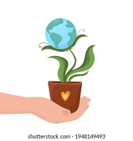 Illustration Concept: Take Care Of The Planet Land Earth. Earth Day 2021. Planet Earth In A Garden Pot Like Home Plant.