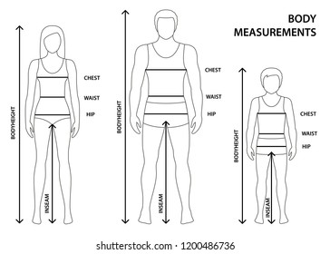 illustration of contoured man, women and boy in full length with measurement lines of body parameters. Man, women and child sizes measurements. Human body measurements and proportions.