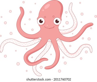 Illustration Of A Coral-colored Octopus With Bubbles On The Background