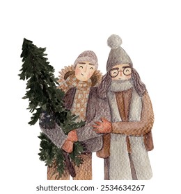 Illustration of a couple with christmas tree.Hand drawn man and woman in warm clothes in winter.Christmas card design. - Powered by Shutterstock