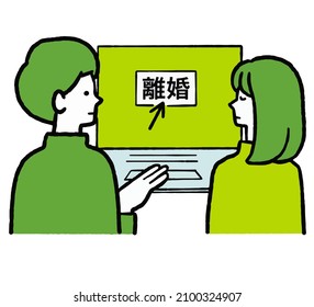 illustration of a couple getting divorced through an internet procedure, with the word "divorce" in Japanese.