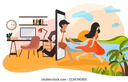 illustration of Couple leave from work, Holding hand run to the beach on vacation with mobile phone concept. Content of smartphone for relaxing on holiday and weekend. Flat style illustration.

