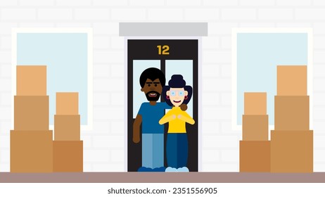 Illustration of a couple standing together holding the key to their first property. Real estate, First time buyers, Property ladder. - Powered by Shutterstock