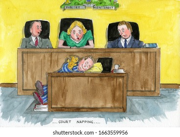 Illustration Of A Court Room Where Someone Has Been Caught Sleeping The Tag Line Is Court Napping