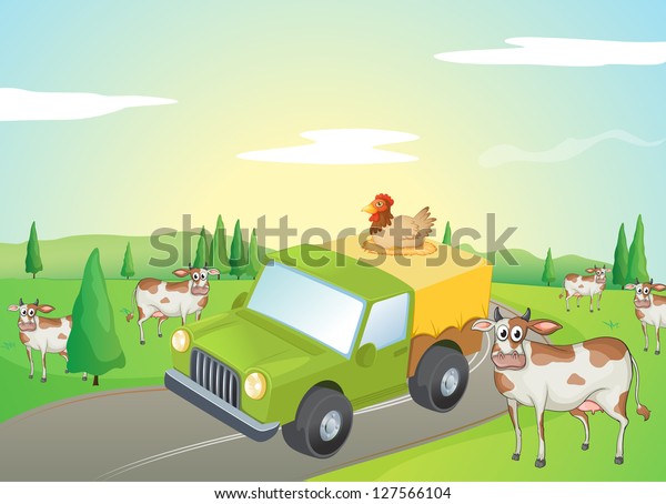 Illustration of cows\
and a chicken along the\
road