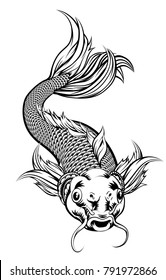 An Illustration Of A Coy Koi Carp Fish In A Vintage Woodcut Style