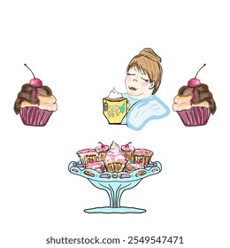 Illustration of a cozy moment with a woman enjoying a warm drink, surrounded by cupcakes with cherries and cream on a stand. Perfect for festive designs, bakery promotions, or cozy seasonal themes. - Powered by Shutterstock