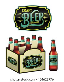 An Illustration For Craft Beer Including A 6 Pack, Beer Bottles, And Beer Label.