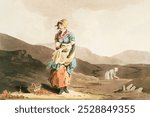 Illustration of the cranberry girl from The Costume of Yorkshire (1814) by George Walker . Vintage cranberry girl  painting, woman illustration, cranberry girl art print.