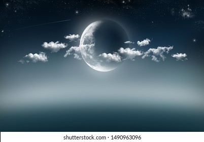 An Illustration Of A Cresent Moon In The Centre Lighting Up A Few Of Clouds At Night With Stars And Shooting Star Against A Night Blue Background.